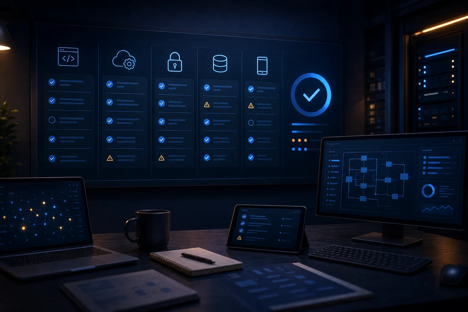 AI app deployment checklist being reviewed before launch in a dark technical workspace