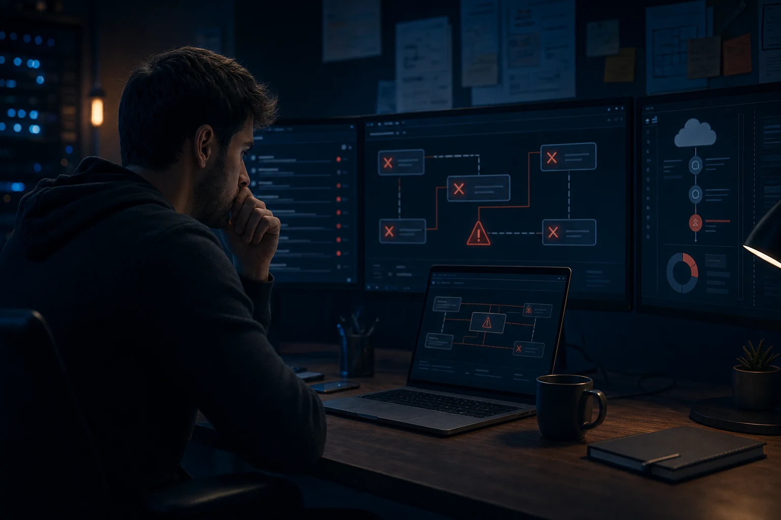 AI app deployment failure being diagnosed on a dark technical workstation